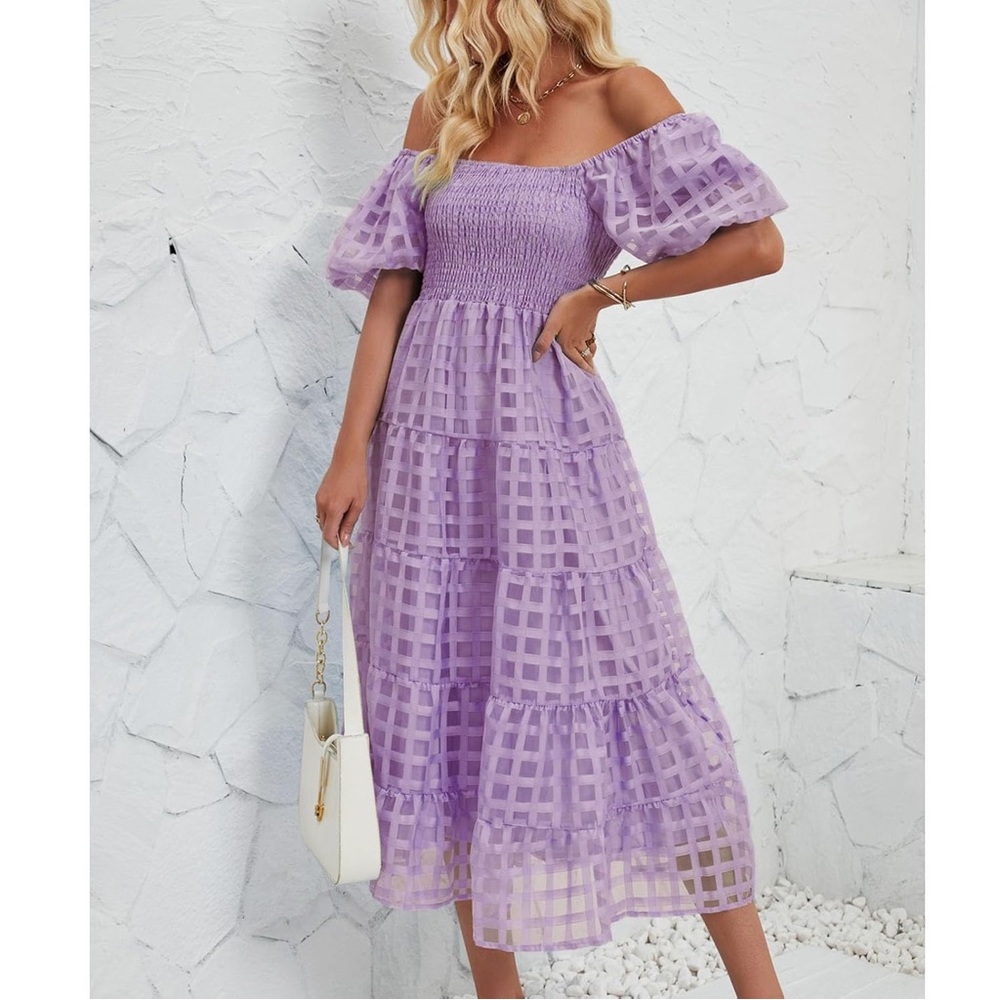 NWT PrettyGarden Amazon Puff Short Sleeve Off Shoulder Midi Dress, Size M